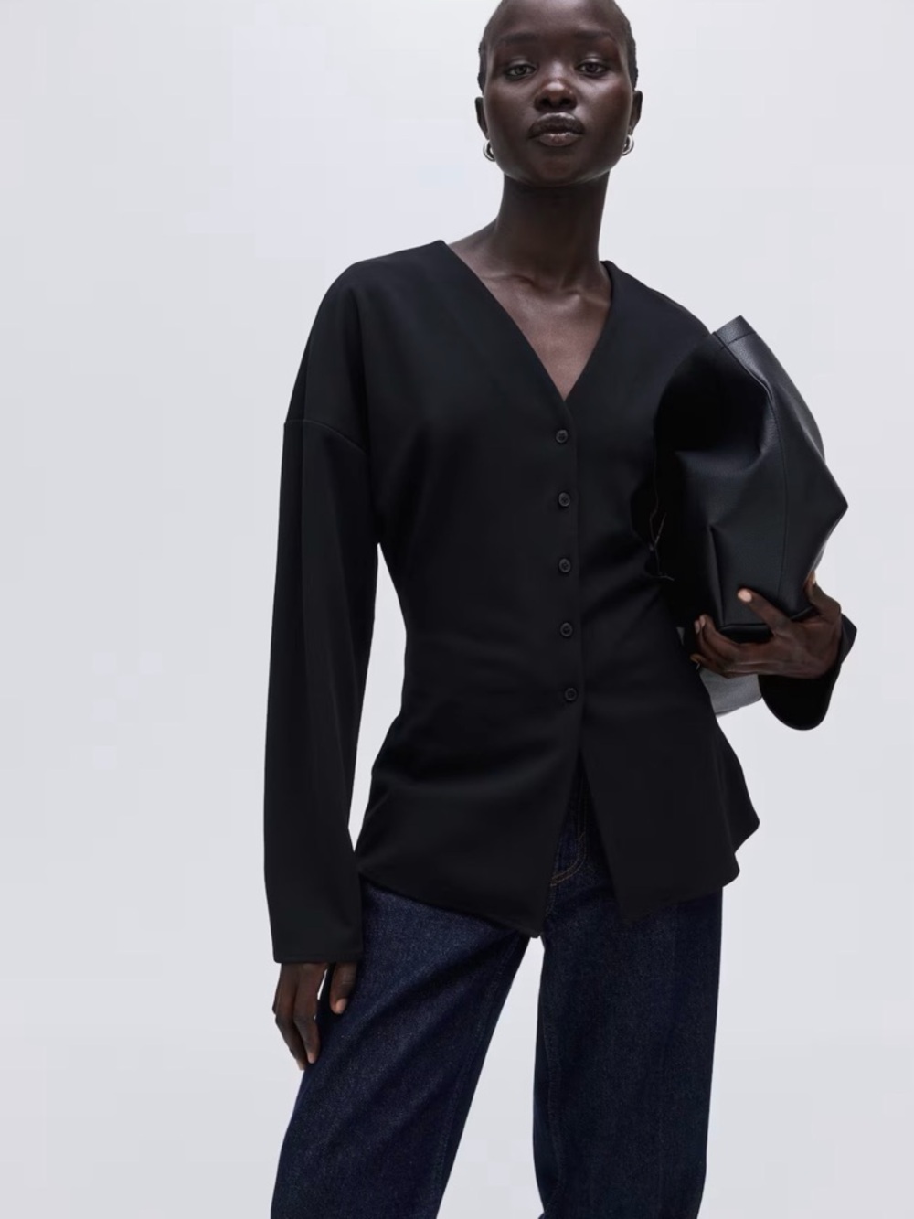 H&M Black V-Neck Button-Front Blouse